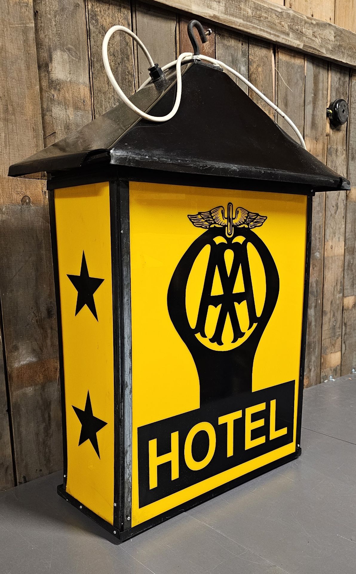 An AA 2 Star Hotel plastic and metal hanging lamp, recently rewired with LED bulb, 90 x 58 x 31cm - Image 2 of 7