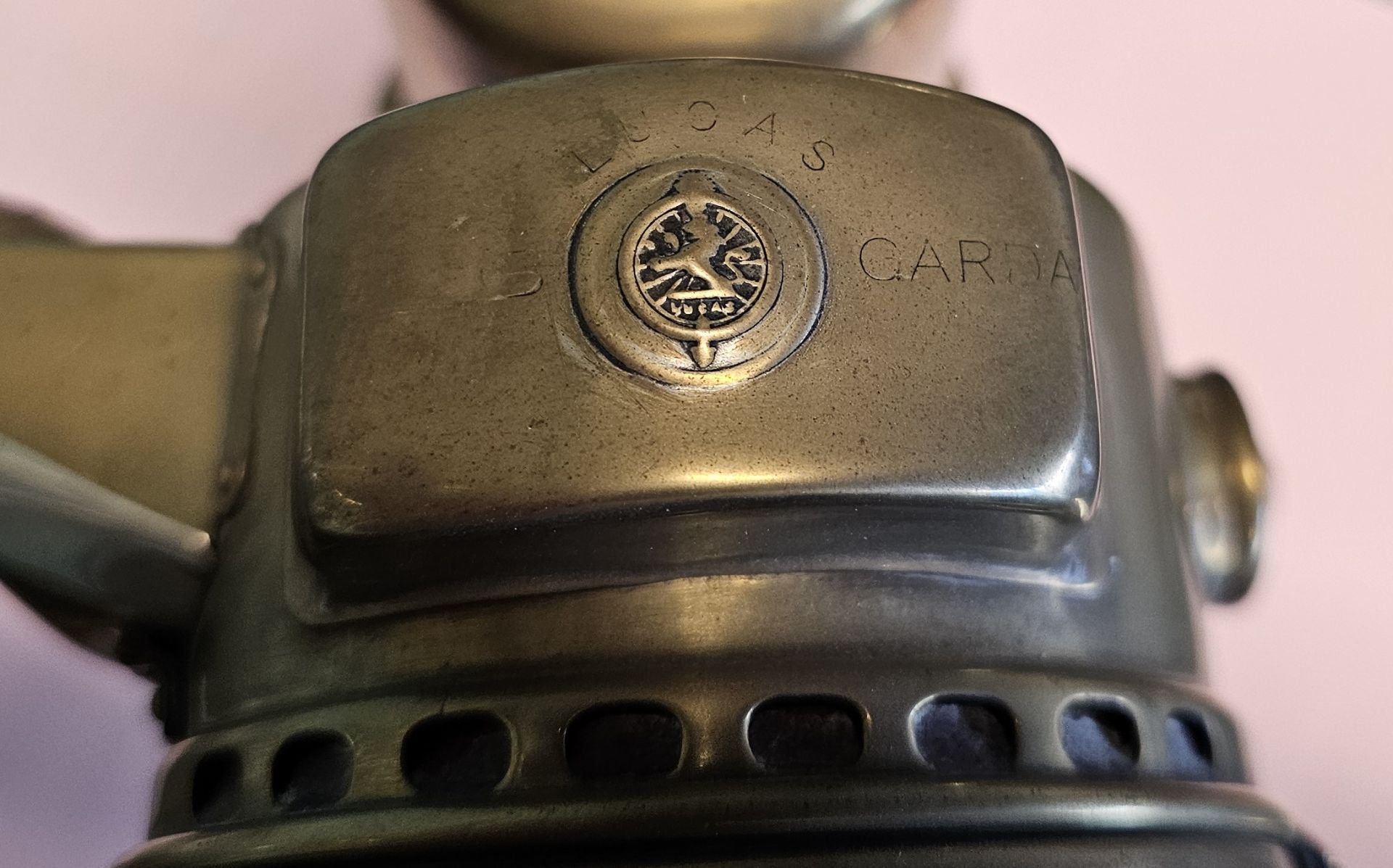 A rare Lucas Garda carbide brass car lamp with side rear red lens - Image 4 of 9