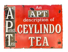 An APT Description of Ceylindo Tea single sided vitreous enamel advertising sign, by Chromo,