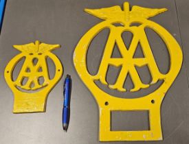 A cast alloy AA sign, 39.5 x 29.5cm and another smaller, 19.5 x 15cm (2)