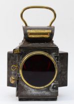 A Dependence rear lamp by J & R Oldfield, type 506, steel body with brass mounts, ruby lens, clear