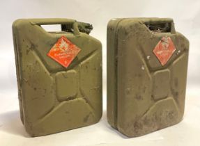 A pair of painted metal jerry cans, 42cm high