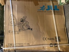 A 'keep fit' JLL magnetic exercise bike, model number RE100, boxed as new.