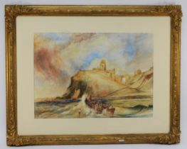 S.E.C. (19th century), Scarborough Castle from the North Bay, watercolour, monogrammed 40 x 55cm