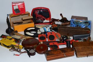 A collection of early 20th century and later hand tools to include a cased Weston volt meter,