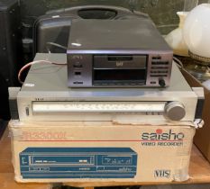 Hi-Fi equipment comprising Akai tuner AT-K02L, a Saisho video recorder VR3300X (boxed) a Aiwa