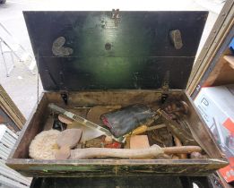 A vintage wooden tool box with various hand tools.