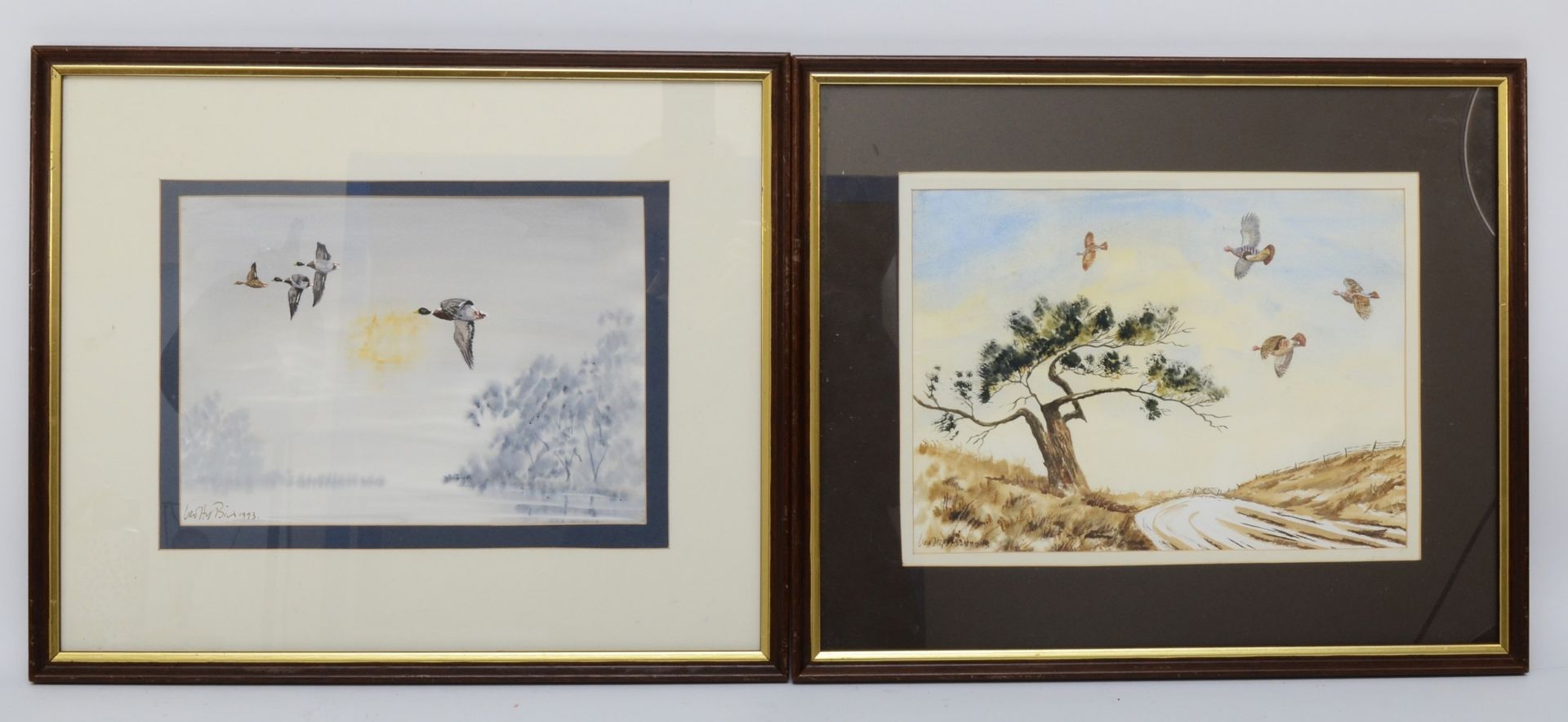 Geoffrey Bird (Contemporary) Ducks in flight and partridge in flight, a pair, watercolour on