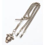 A George V silver curb link t-bar pocket watch chain, by Herbert Bushell, Birmingham 1916, with a