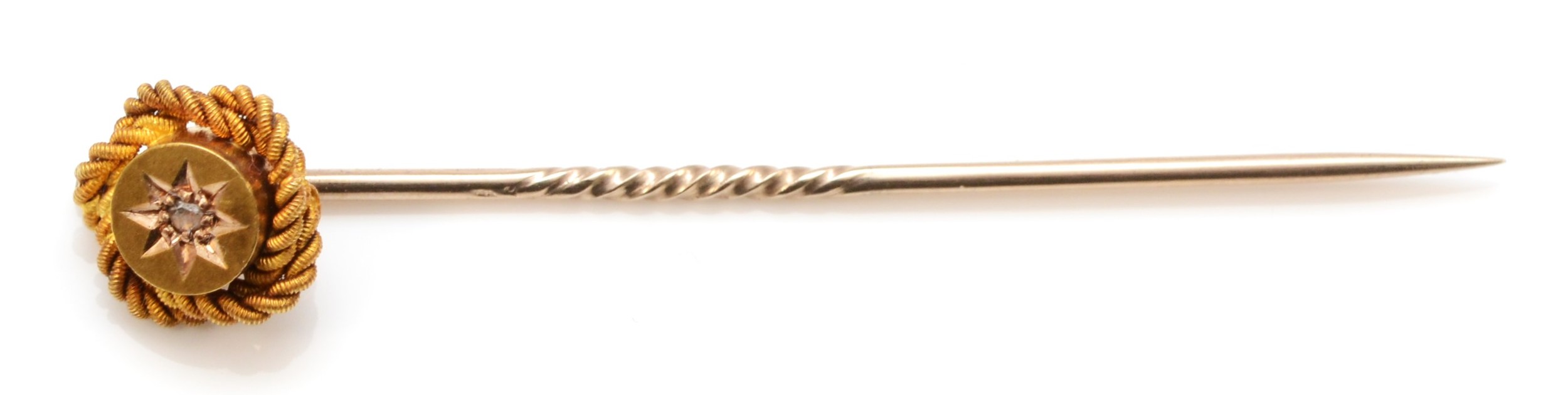 A Victorian 15ct gold mine cut diamond star burst stick pin, with rope twist border, 15ct tab, - Image 2 of 2