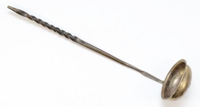 A Georgian silver toddy ladle, unmarked, coin bottom bowl and whale bone handle, 30cm.