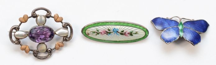 A vintage silver guilloche enamel floral oval brooch, by John Aitken, 34mm, together with a silver