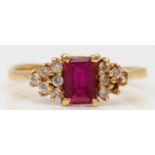 An 18ct gold synthetic ruby and white stone dress ring, K-L, 2.4gm.