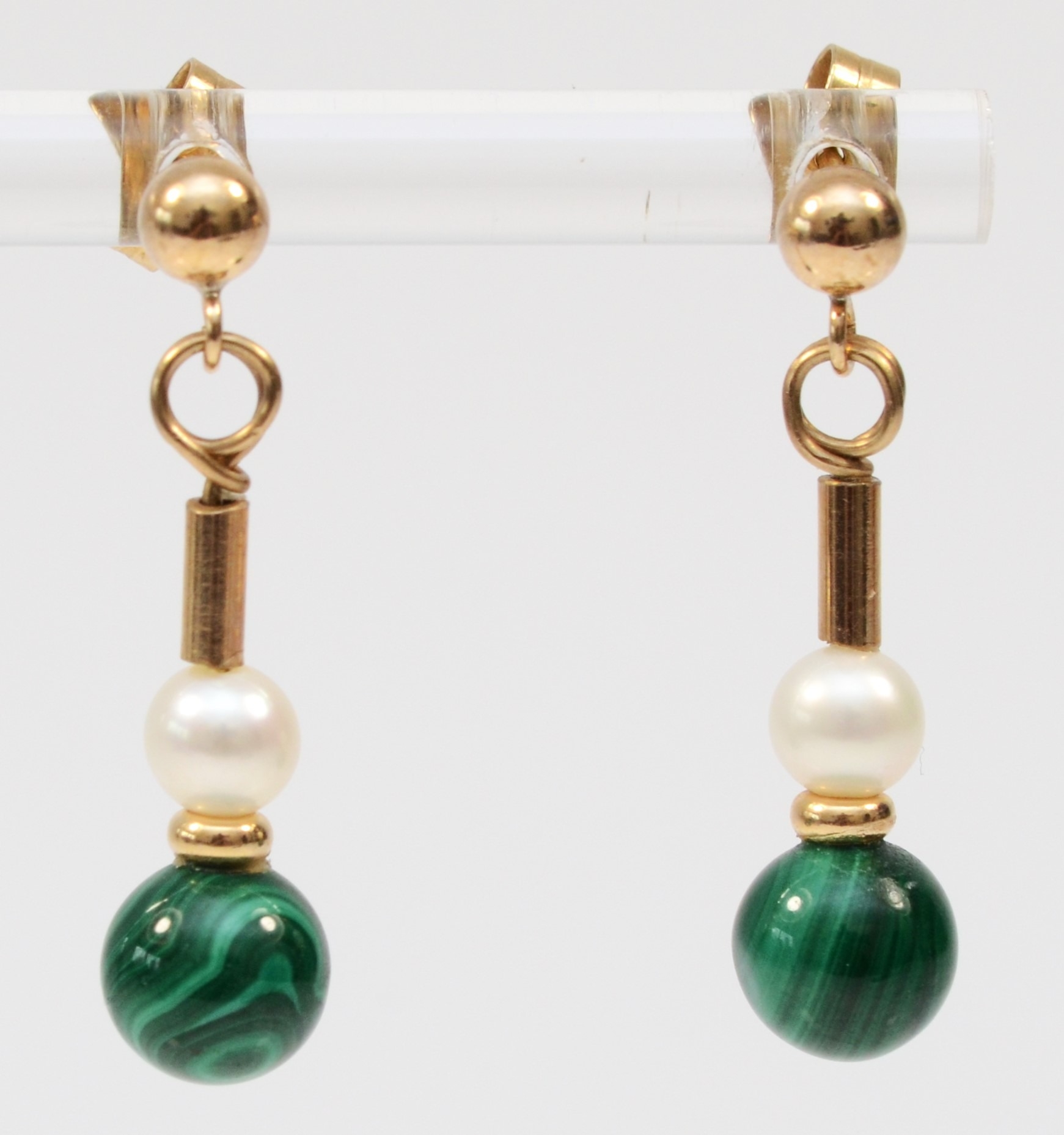 A pair of gold malachite and cultured pearl drop earrings, unmarked, butterfly backs 9ct, 28mm, 2.