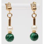 A pair of gold malachite and cultured pearl drop earrings, unmarked, butterfly backs 9ct, 28mm, 2.