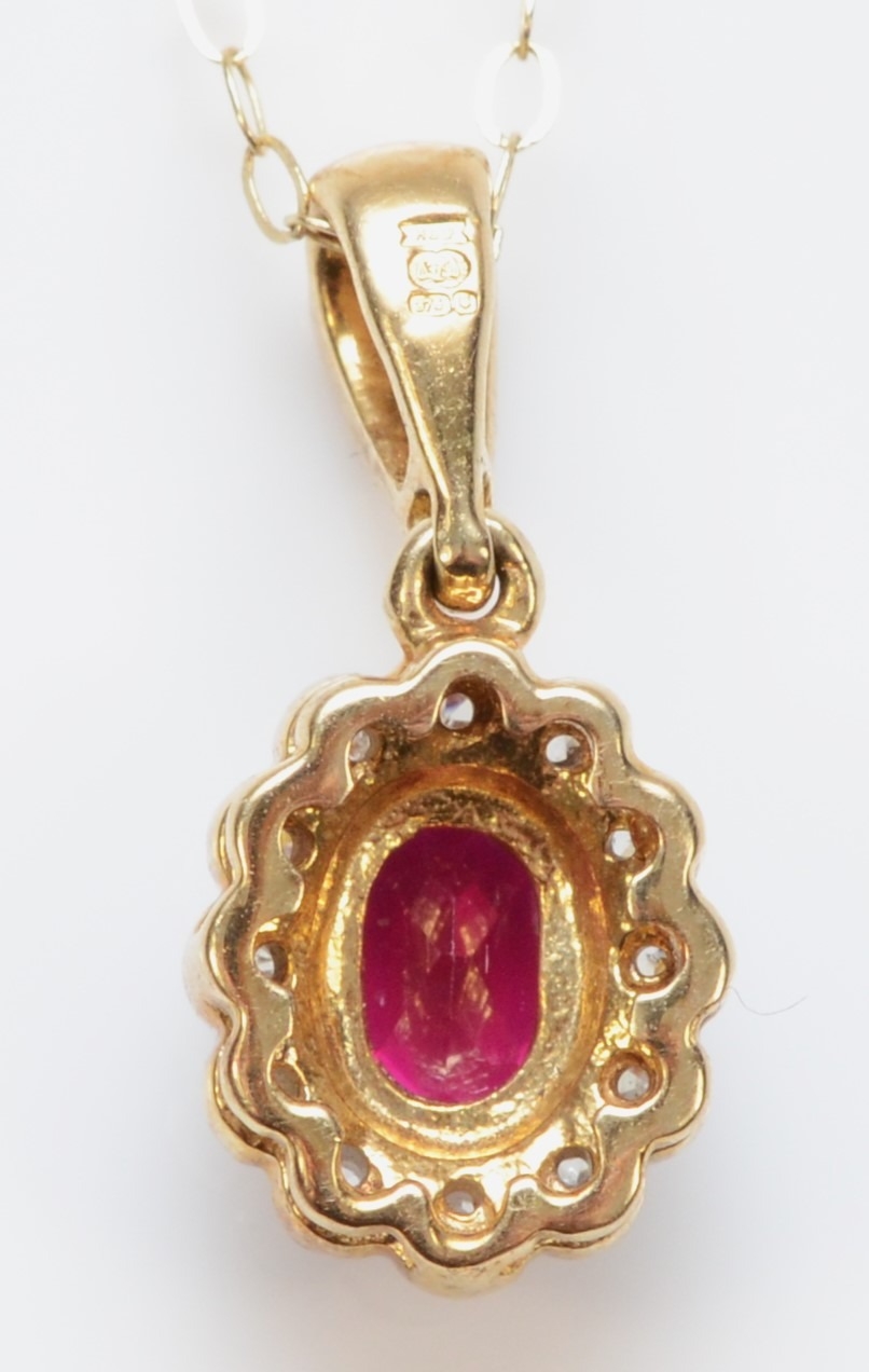 A 9ct gold synthetic ruby and eight cut diamond cluster pendant, on 375 gold chain, 18mm, 2gm. - Image 2 of 2