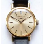 Longines, a gold plated Ladies wrist watch, set with baton numerals, seventeen unadjusted