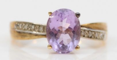 A 9k gold amethyst and eight cut diamond dress ring, P-Q, 2.4gm.