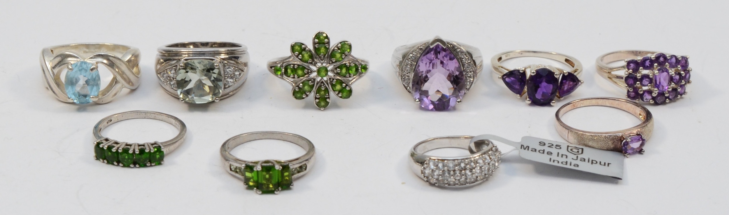 Ten silver gem set rings to include a single stone amethyst cocktail dress ring, N, 45gm. - Image 3 of 3
