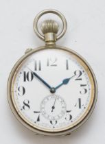 A Swiss made nickle plated Goliath key less wind pocket watch, the enamel dial set with Arabic