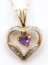 A gold amethyst and eight cut diamond heart pendant, unmarked, on a 375 gold chain, 17 x 12mm,