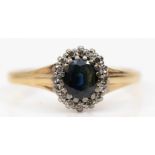 A 9ct gold sapphire and eight cut diamond cluster ring, Q, 2.1gm.