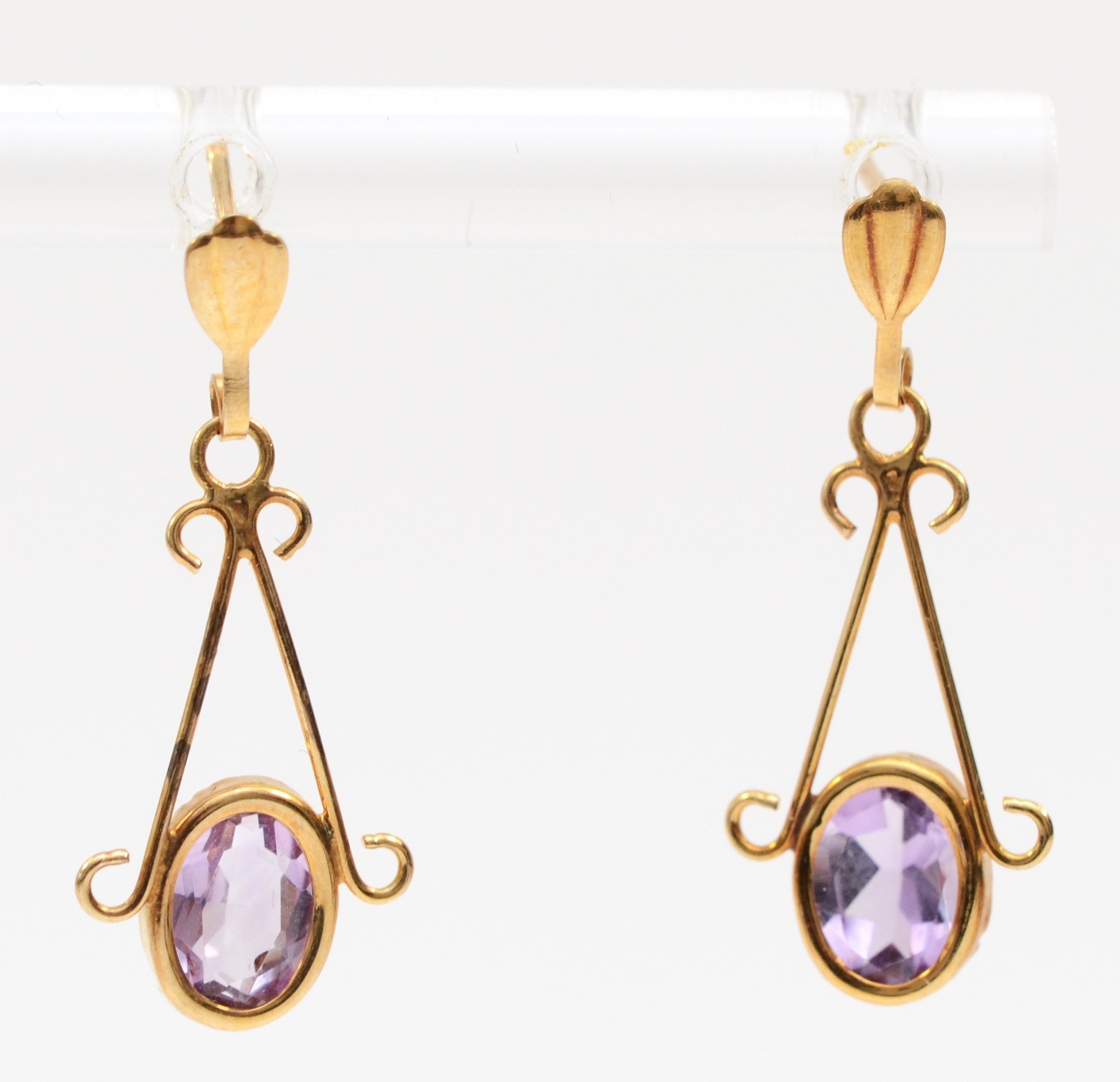 a pair of gold amethyst drop earrings, unmarked, 24mm, 0.8gm, lacking butterfly backs.