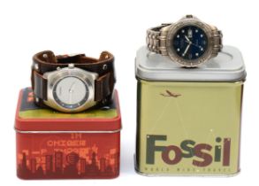 Fossil, two stainless steel Gentleman's quartz wrist watches, Fossil Blue , TI-5007, JR-8503, both