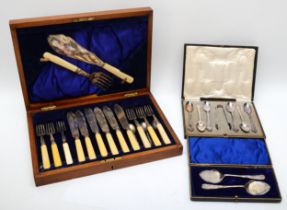 A cased set of electroplated silver fish flatware, together with a cased set of sliver plated