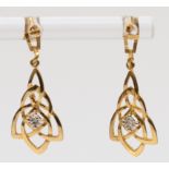 A pair of gold eight cut diamond drop earrings, unmarked, 26mm, 1.2gm.