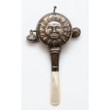 A vintage silver and mother of pearl infants rattle, Birmingham 1977, 11cm, 45gm.