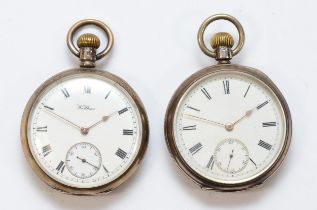 Two Waltham silver cased open faced key less wind pocket watches, a Traveler, movement No