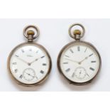 Two Waltham silver cased open faced key less wind pocket watches, a Traveler, movement No