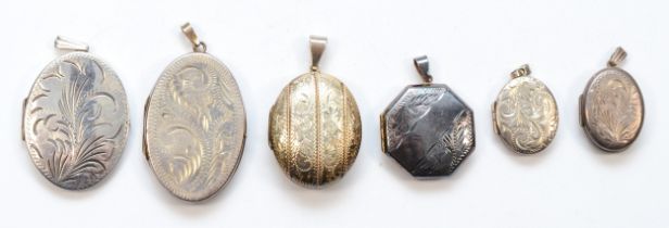 Six vintage silver lockets to include a rope twist and chased decorated example, Birmingham 1994,