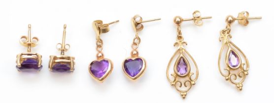 A pair of 9k gold amethyst openwork drop earrings, 26mm, together with two pairs of unmarked gold