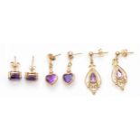 A pair of 9k gold amethyst openwork drop earrings, 26mm, together with two pairs of unmarked gold