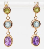 A pair of gold peridot, topaz and amethyst drop earrings, unmarked, butterfly backs marked 9ct,