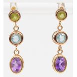 A pair of gold peridot, topaz and amethyst drop earrings, unmarked, butterfly backs marked 9ct,