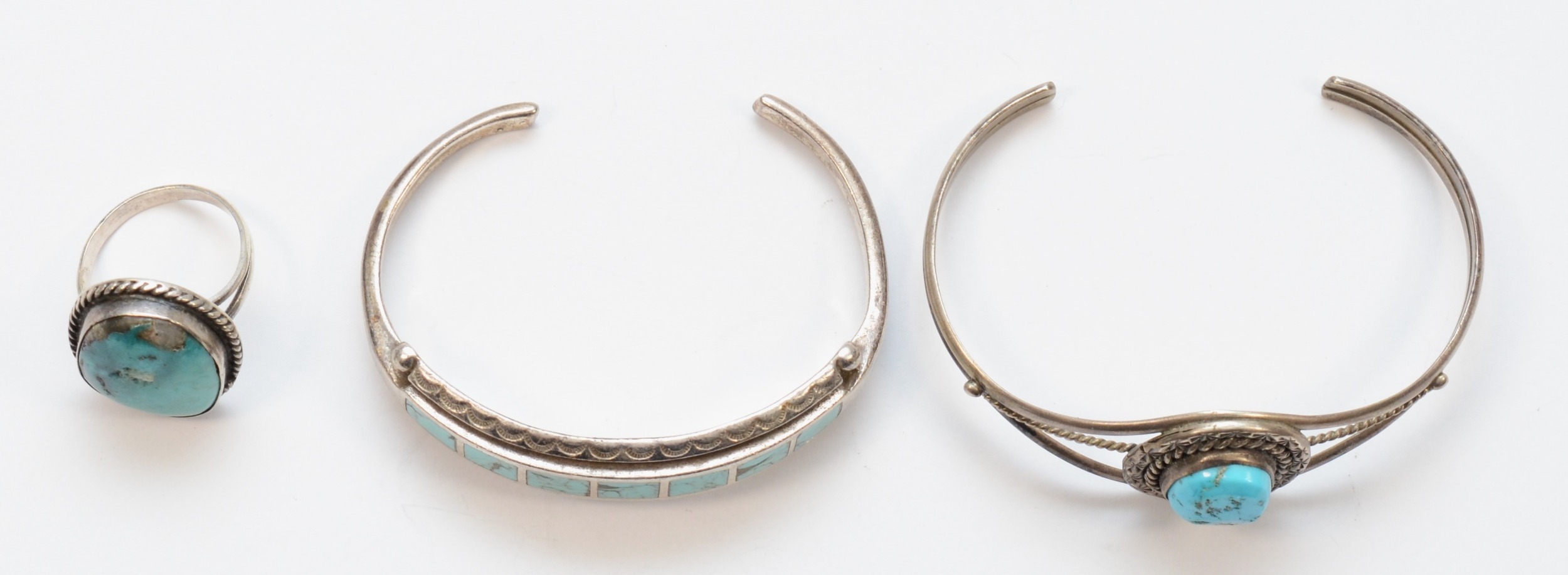 Two silver native American turquoise bracelets, unmarked, and a silver turquoise free form ring, - Image 2 of 2