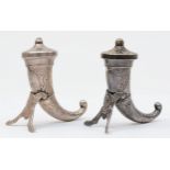 A pair of Norwegian silver Viking drinking horn salt and pepper shakers, by Theodore Olsen, 6 x 5cm,