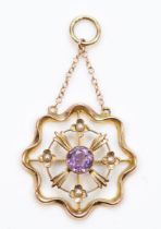 An Edwardian 9ct gold amethyst and seed pearl open work drop pendant, 45 x 25mm, 2gm.