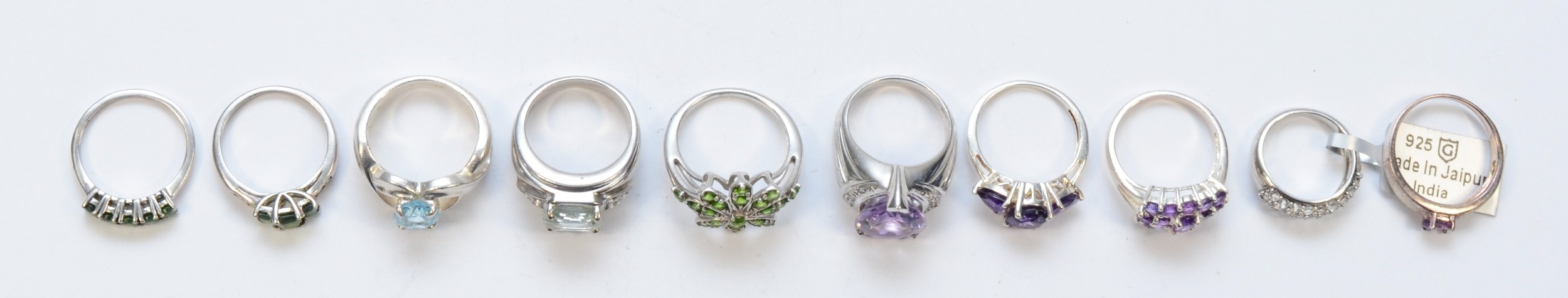 Ten silver gem set rings to include a single stone amethyst cocktail dress ring, N, 45gm. - Image 2 of 3