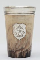 A Victorian silver mounted horn tot cup, by Thomas Johnson II, London 1876, monogrammed shield