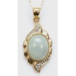 A 9ct gold jadeite and eight cut diamond pendant, on 9k gold chain, 21 x 11mm, 2.3gm.