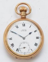 Uno, a gold plated open faced key less wind Antimagnetic pocket watch, the enamel dial set with