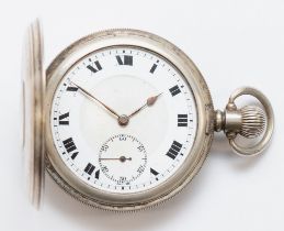 Dennison, a silver half hunter key less wind pocket watch, Birmingham 1920, the enamel dial set with