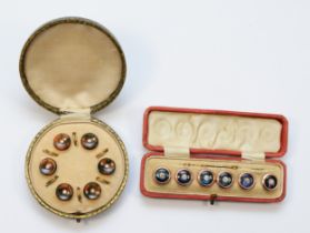 A cased set of six silver gilt moss agate and seed pearl dress studs, togther with a cased set of