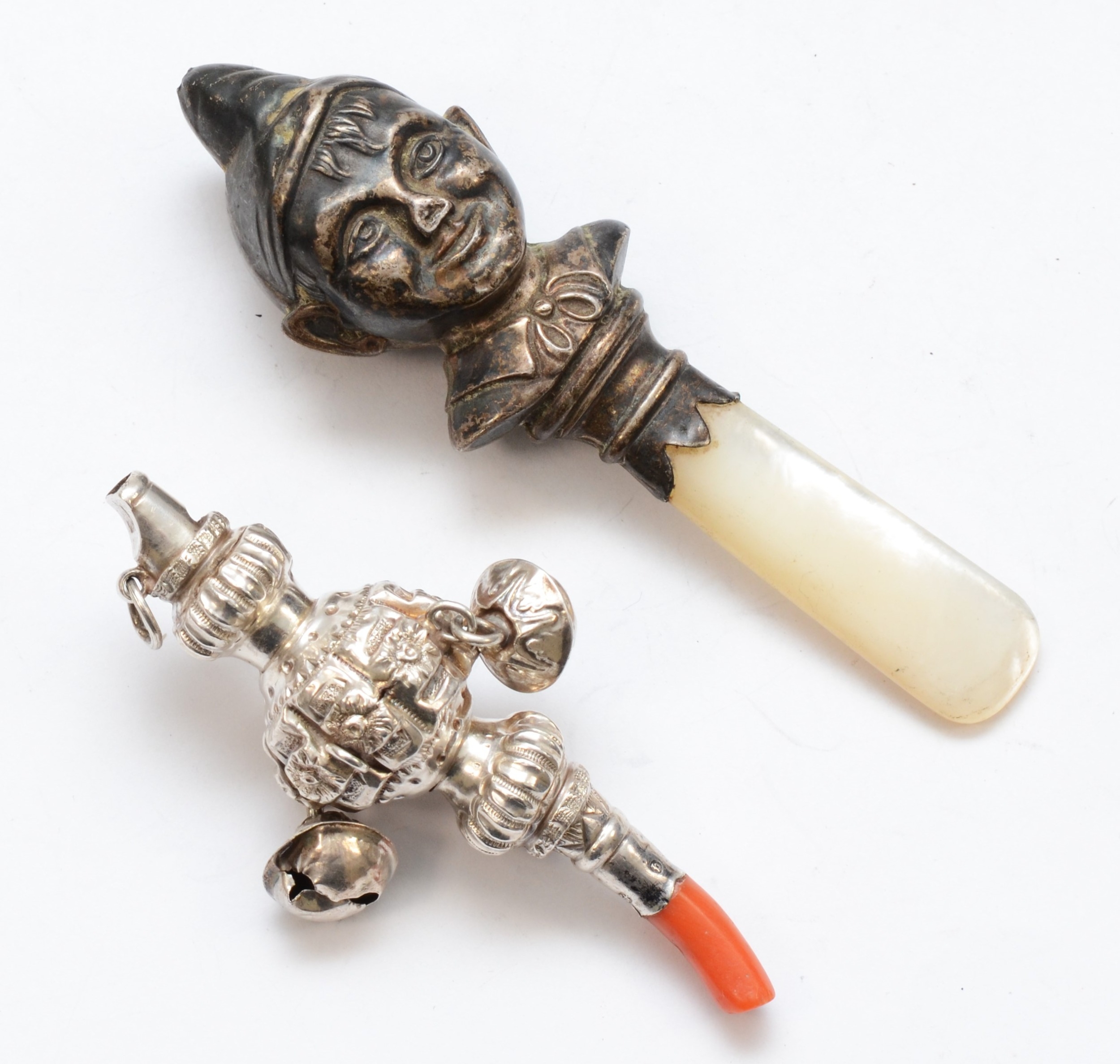 A Victorian silver and coral infants rattle and whistle, by George Unite, Birmingham 1882, 8.5cm,