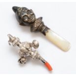 A Victorian silver and coral infants rattle and whistle, by George Unite, Birmingham 1882, 8.5cm,