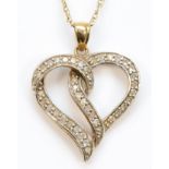 A 375 gold eight cut diamond heart shaped pendant, on 9k gold chain, 21 x 19mm, 2.7gm.